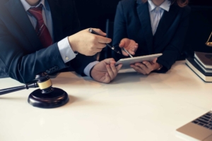 two lawyers discussing a case