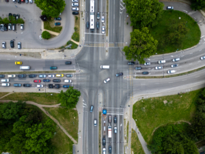 aerial view from a drone showing road traffic