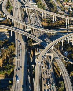 ariel view of busy intersections and bridges on major highway