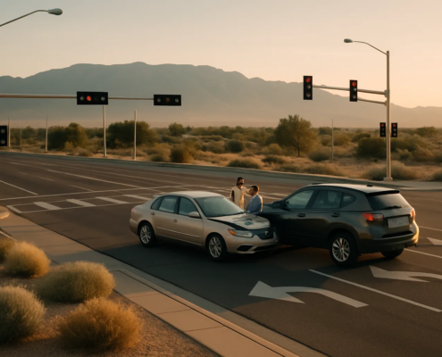 Albuquerque intersection accident evidence scene with vehicles, traffic signals, and roadway details