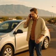 Albuquerque rental car accident insurance claim scene with vehicles near Sandia Mountains