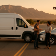 Albuquerque work vehicle accident lawyer article showing a delivery van and car near an intersection