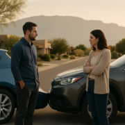 Albuquerque car accident claim against a friend discussed beside vehicles in a Southwestern neighborhood