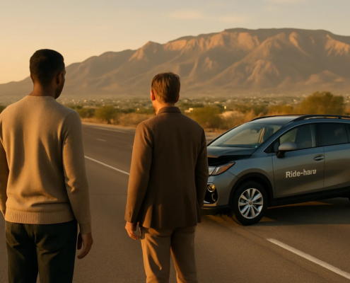 Uber Lyft accident lawyer Albuquerque insurance coverage scene near the Sandia Mountains