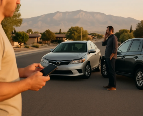 Albuquerque car accident recorded statement discussion beside vehicles on a desert roadway