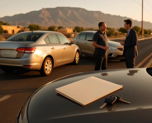 Car accident caused by a borrowed vehicle in Albuquerque with two stopped vehicles and Sandia Mountains