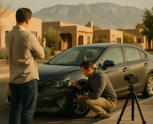 Damaged vehicle documentation before an Albuquerque insurance inspection after a crash
