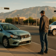 Albuquerque government vehicle accident lawyer guide shown with vehicles at a Southwestern intersection
