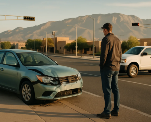 Albuquerque government vehicle accident lawyer guide shown with vehicles at a Southwestern intersection