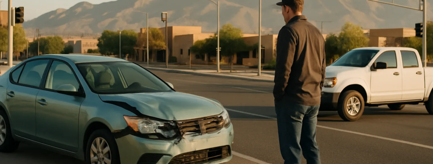 Albuquerque government vehicle accident lawyer guide shown with vehicles at a Southwestern intersection