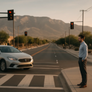 Pedestrian accident lawyer Albuquerque insurance claim scene near an urban crosswalk Pedestrian accident lawyer Albuquerque insurance claim scene near an urban crosswalk