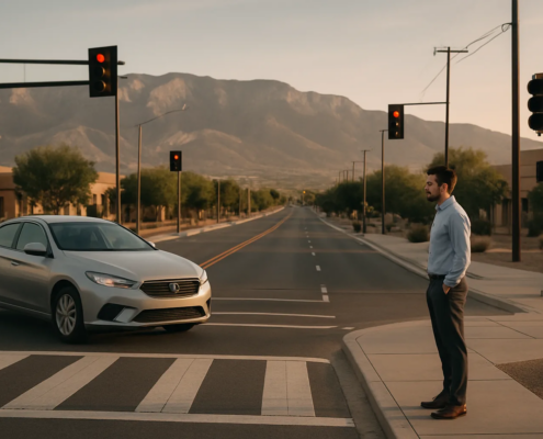 Pedestrian accident lawyer Albuquerque insurance claim scene near an urban crosswalk