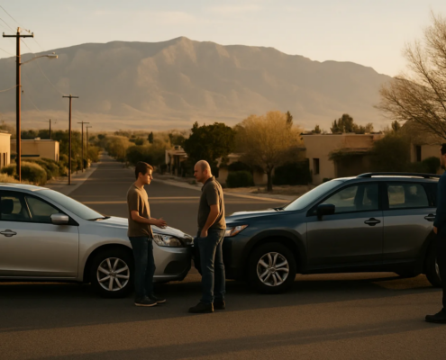 Teen driver accident liability New Mexico scene with parents and vehicles in Albuquerque
