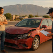 Albuquerque totaled car insurance valuation review beside a damaged vehicle